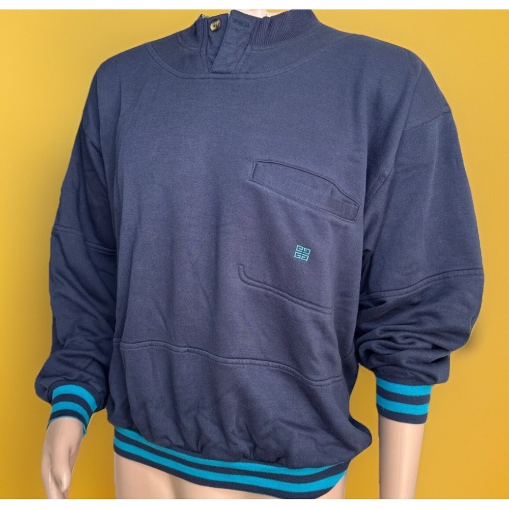 Givenchy Sweatshirt Mens XL Blue Mock Neck Embroidered Logo Fleece 90s Vintage